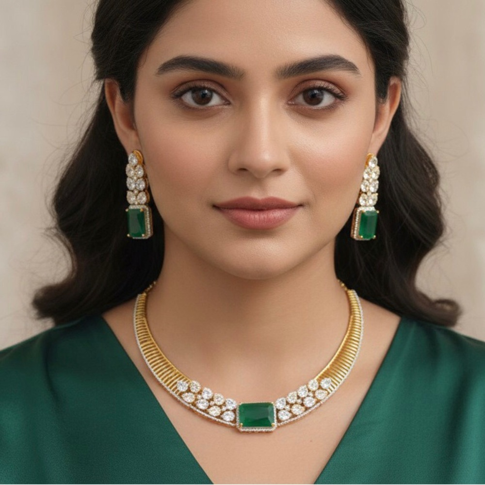 Green and Gold Necklace with Crystal Accents